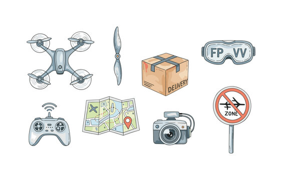 Collection of drone flying equipment and accessories for aerial photography and delivery