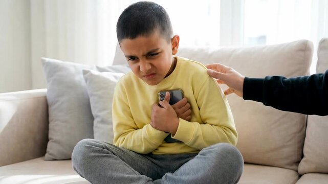 Stubborn boy with an upset face sitting on the sofa, tightly holding his smartphone while a parent's hand tries to console him, illustrating problems of modern childhood and gadget addiction