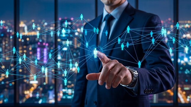 Executive connecting digital workforce using glowing 3d holographic interface