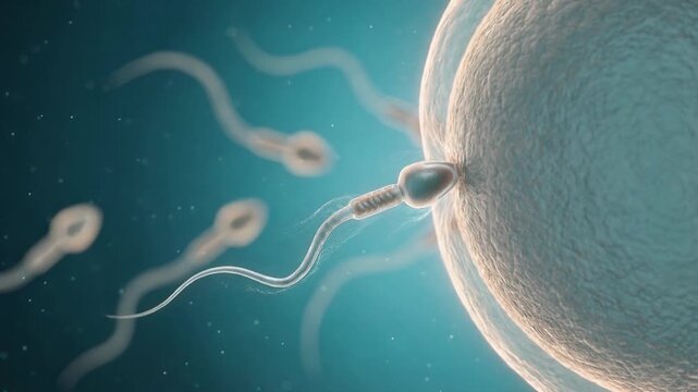 Microscopic animation showing the process of fertilization, with a single sperm penetrating an egg cell while other spermatozoa swim in the background, representing the moment of conception