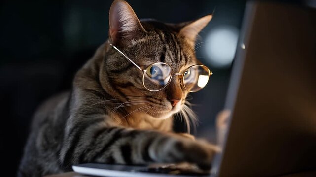 Glasses-wearing cat stares at laptop screen