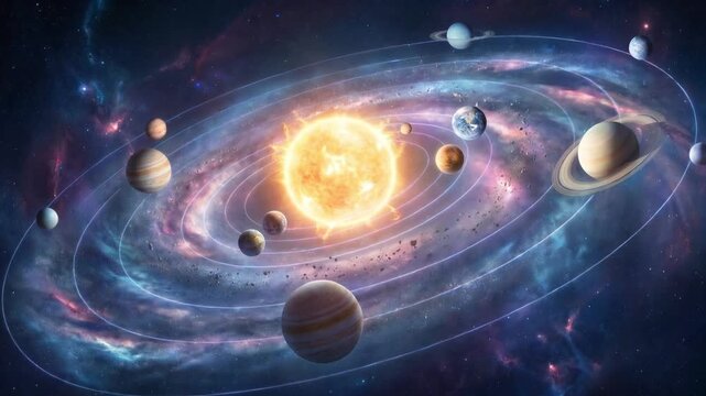 Fantastic representation of the solar system showing planets with their moons orbiting a central star, surrounded by a swirling spiral galaxy, cosmic dust, and a colorful nebula in deep space