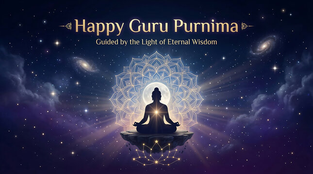 Meditating guru under starry night sky with mandala