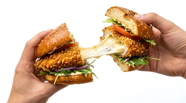 Two hands holding halves of a cheesy fried chicken sandwich with lettuce and tomato transparent background