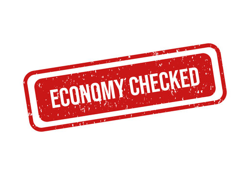 Red economy checked stamp or badge with white text