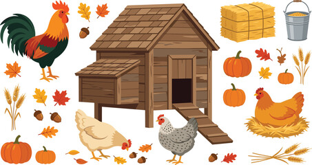 Farm Chicken Coop Illustration Set with Rooster, Hen, Pumpkins, Autumn Leaves, Hay Bales, and Rustic Agricultural Elements for Harvest Season Designs © MdNazmul