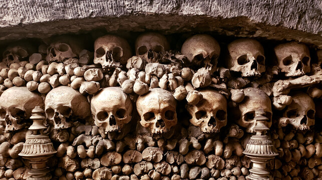 Ancient Skulls and Bones in Gothic Cemetery: A Macabre Archaeological Exhibition of Funerary History and Spirituality