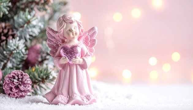 A pink angel figurine with heart and wings beside a pine tree