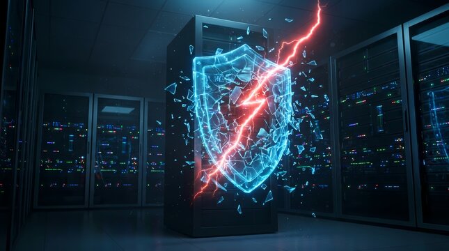 Glowing blue digital security shield shattered by a red lightning bolt inside a server room representing firewall breach.