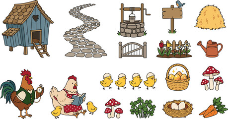 Rustic Farm Life Illustration Set with Chicken Coop, Rooster, Hen, Chicks, Garden Elements, Harvest Produce, and Countryside Farming Icons © MdNazmul