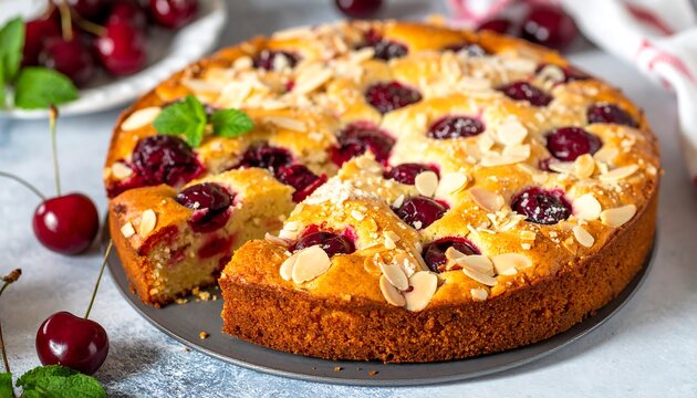 A round, golden-brown cake with a slice missing, topped with cherries