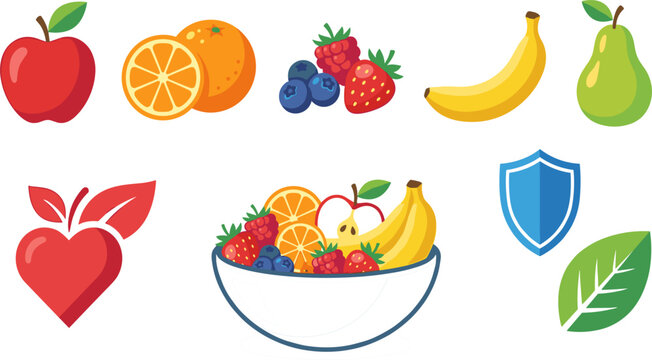 Healthy fruit wellness icon set with apple citrus berries banana pear shield leaf heart and bowl vector illustration