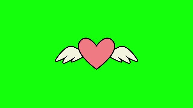 Cute pink heart with white angel wings and thick black outlines, gently flapping and hovering in place. Isolated on vivid green screen for chroma key, seamless looping animation, crisp cartoon style.

