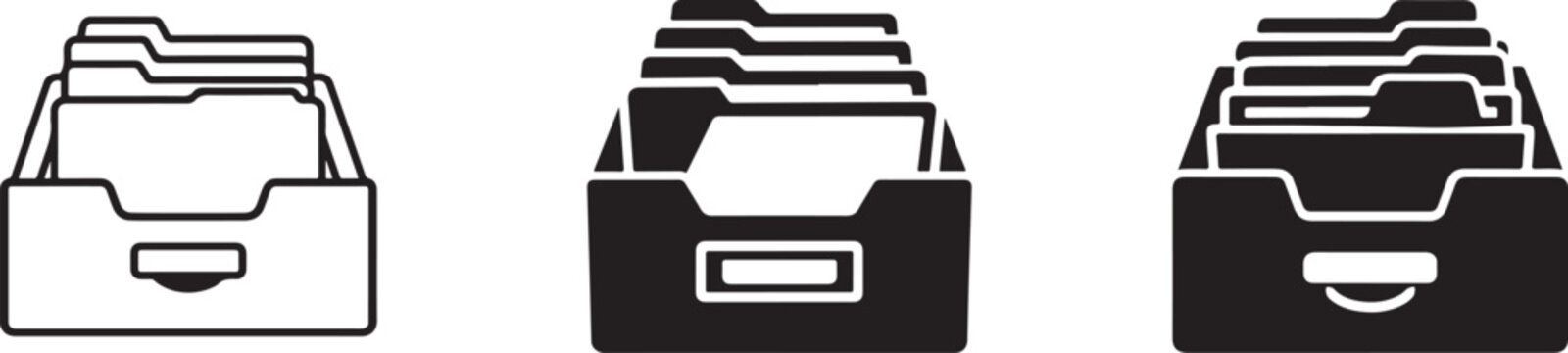 File storage icon set with folders and documents for archive management and digital organization.