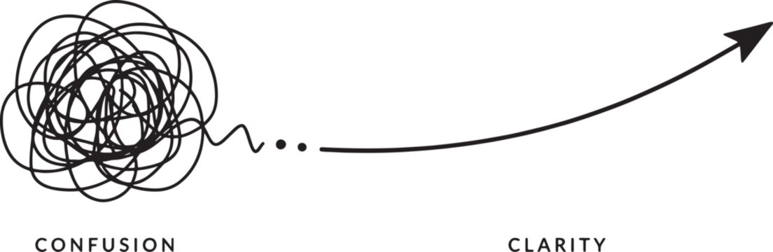 A black hand drawn arrow moving from a messy tangled scribble of confusion to a straight clear path of clarity. Vector Illustration