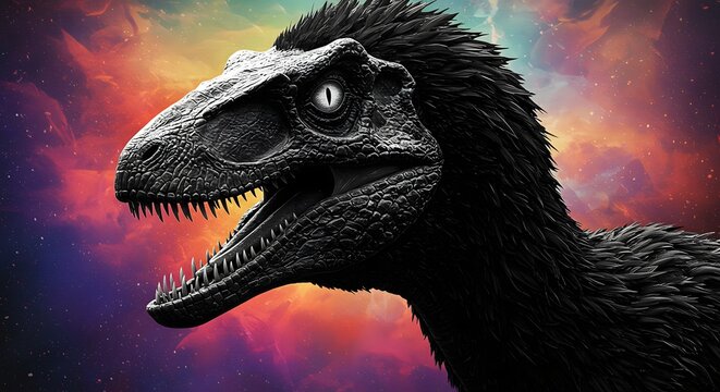 A prehistoric raptor with striking eyes and a dark, feathered body stands against a vibrant, stormy sky. Its mouth is open, revealing sharp teeth, hinting at its formidable nature.