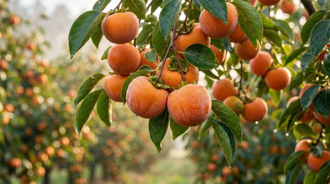 Vibrant orange persimmon fruits ripen on lush green branches in a sun-kissed autumn orchard, showcasing a bountiful harvest ready for picking
