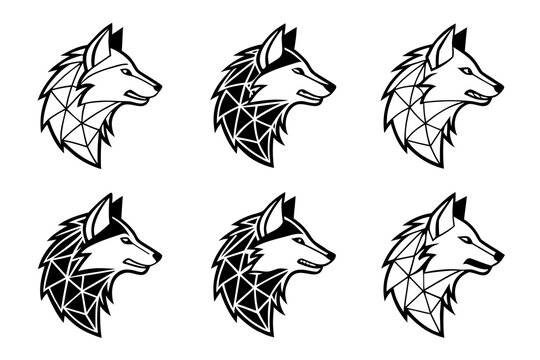 Six stylized black and white wolf heads illustration