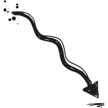 Hand drawn wavy arrow with ink splatters indicating downward direction or falling trend in sketchy style vector design. Vector Illustration