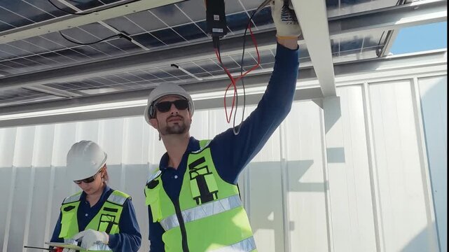 Workers test solar panels at a renewable energy site in bright sunlight