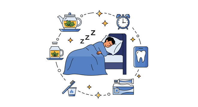 Healthy sleep routine illustration showing man resting in bed surrounded by wellness habits like tea and hygiene.