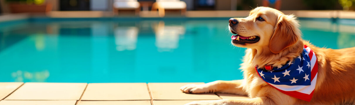 Golden Retriever dog wearing an American flag bandana resting by a swimming pool. Patriotic pet lounging poolside on a sunny summer day. Fourth of July celebration