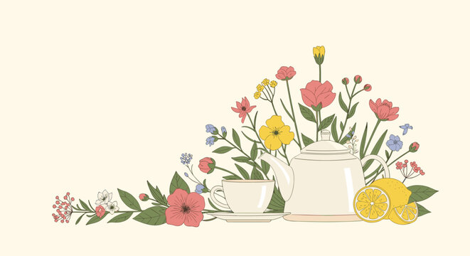 Elegant herbal tea still life featuring white teapot teacup and assorted colorful wild flowers with fresh lemon slices on cream background.