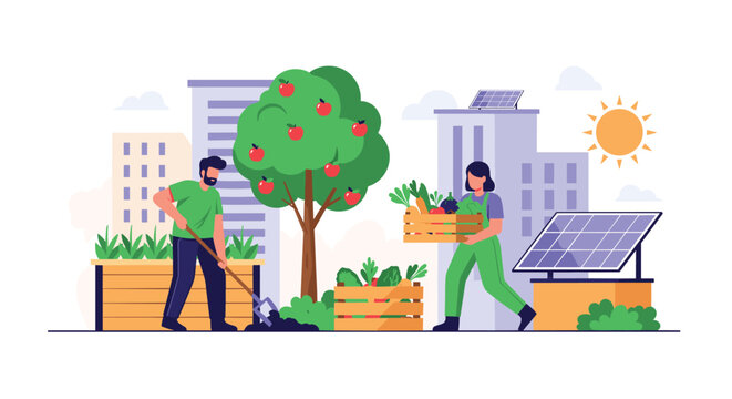 People practicing urban gardening and sustainable agriculture with vegetable beds apple tree and solar panels in city environment.