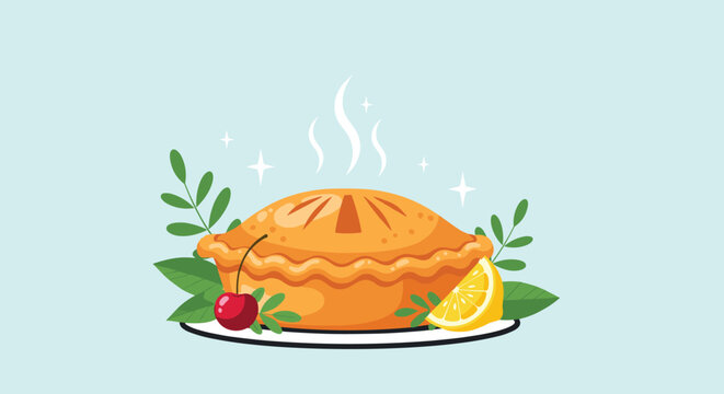 Freshly baked golden fruit pie on plate with steam rising served with cherry and lemon slice against light blue background.
