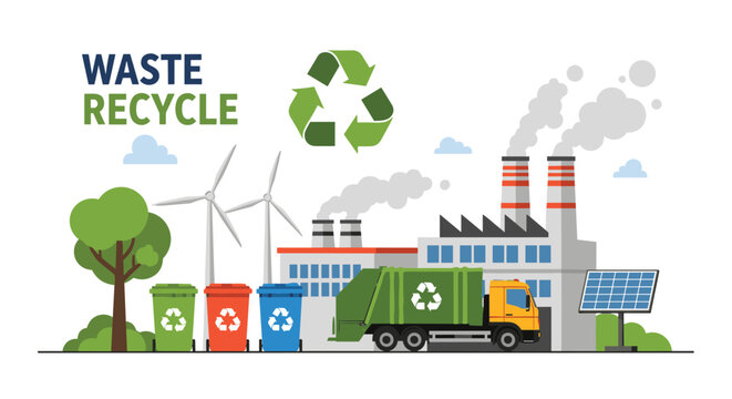 Industrial waste recycling facility with garbage truck colored sorting bins solar panels and wind turbines for clean energy.