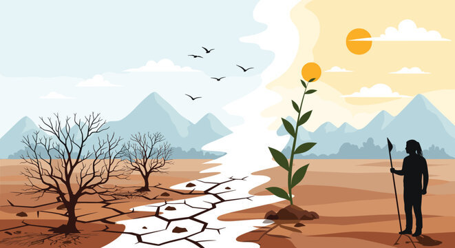 Climate change conceptual landscape showing contrast between drought stricken cracked earth and fertile soil with growing plant.