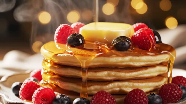 Fluffy golden pancakes stacked high with a pat of melting butter, drizzled with warm amber syrup and adorned with fresh, vibrant raspberries and juicy blueberries, creating a delightful morning