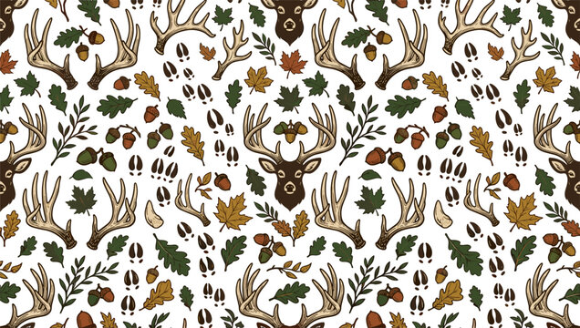 Seamless deer antler and oak leaf pattern with acorns hoof prints for rustic woodland textile design vector illustration