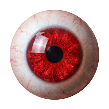 Extreme close up of a human eyeball with a red iris isolated on transparent background