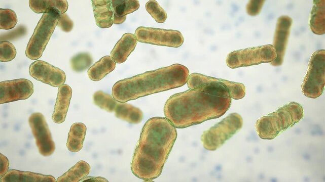 Bacteroides fragilis bacteria, 3D animation showing slowly rotating anaerobic rod-shaped cells, illustrating gut microflora and opportunistic infection.