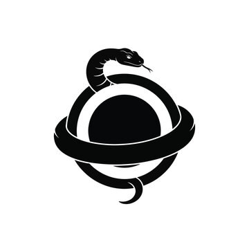Black silhouette of a snake or serpent coiled around a solid circular disk and outer ring, minimalist vector illustration isolated on white background for logo or emblem design.