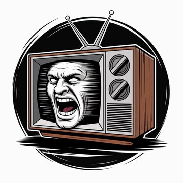 Angry face on old television screen.