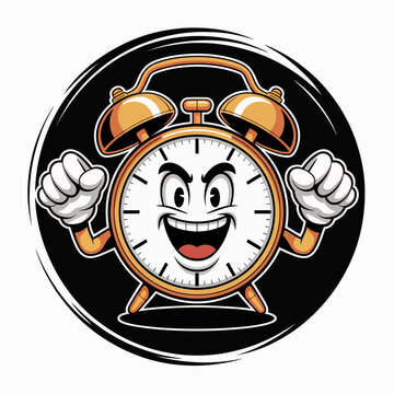 Smiling cartoon alarm clock character face.