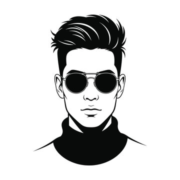 Minimalist vector illustration of a stylish young man with a modern pompadour hairstyle wearing round sunglasses and a black turtleneck sweater, isolated on white background.