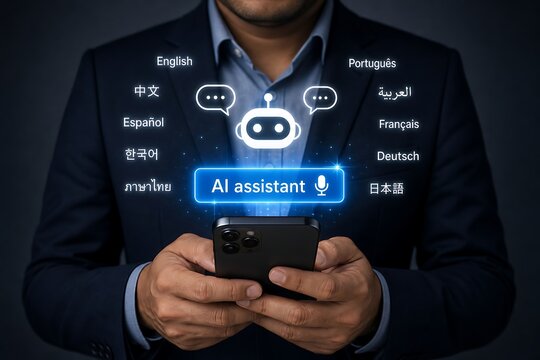 Businessman using a smartphone with ai assistant in multiple languages