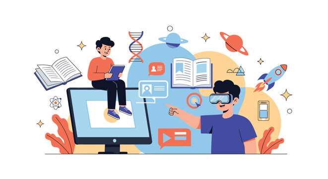 Young students using computer technology and virtual reality to study space science and biology in a modern classroom.