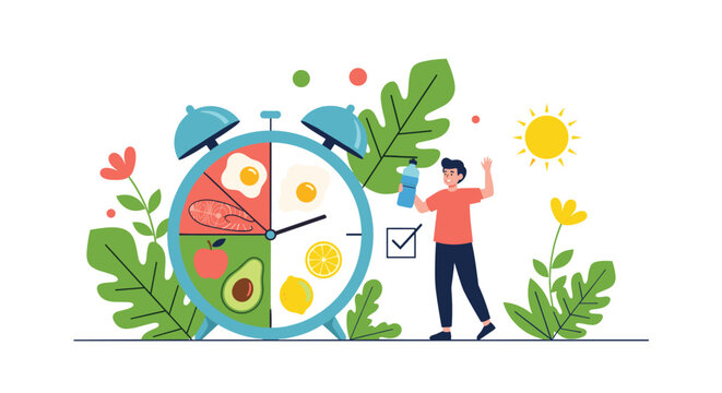 Man following a healthy daily schedule with balanced meals and proper hydration as shown on a giant food clock.