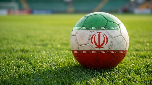 Soccer ball with the iranian flag on a green grass field in a stadium
