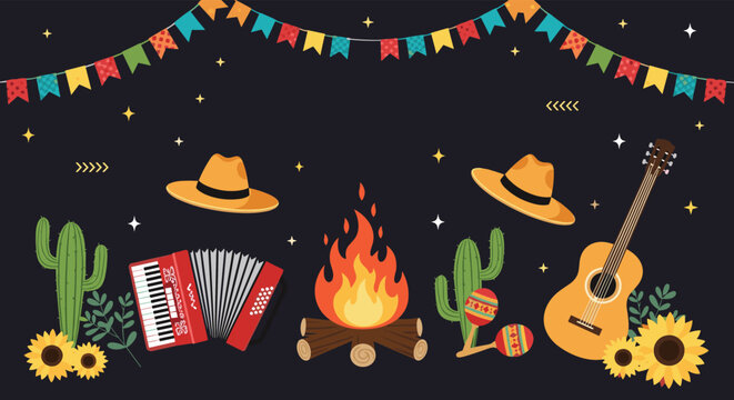 Festive scene with campfire and musical instruments including guitar and accordion set against a dark starry sky with bunting.