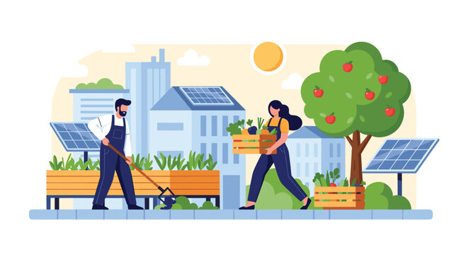 Urban farmers tending to a rooftop vegetable garden in a modern eco-friendly city powered by solar energy panels.