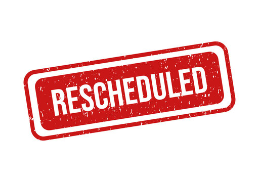 Red rescheduled rubber stamp with bold text