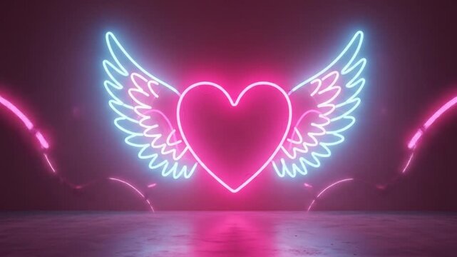Pink neon heart with glowing angel wings on dark background.