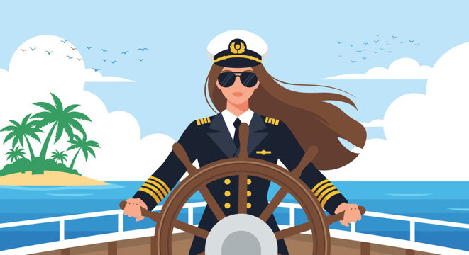 Confident female sea captain steering a large ship through tropical waters with a sunny island and palm trees in view.