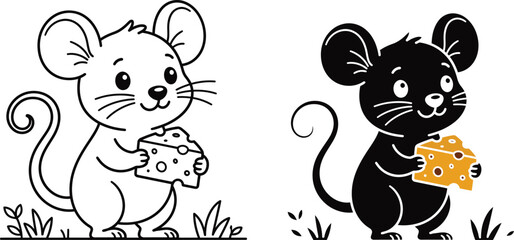 Naklejka premium Cartoon Mouse Holding Cheese Black And White Line Art Illustration