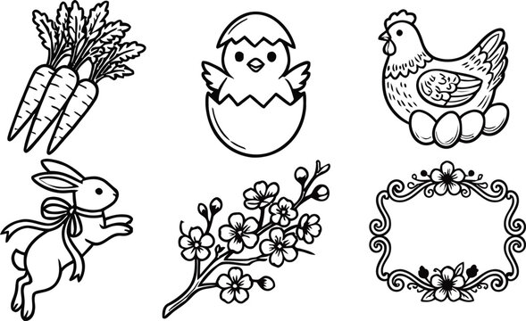 Easter themed illustrations of carrots chicks hens rabbits and floral ornaments